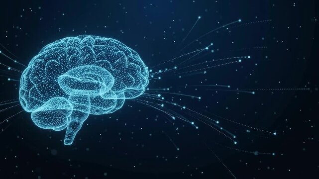 Digital human brain glowing with blue light, network connections spreading out, conceptual for AI, technology, and science.
