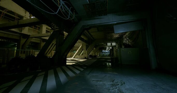 long shadowed walkway lined with heavy columns and vanishing perspective. explorer footprints mark dusty floor, puddles capture scattered light, layers of decay