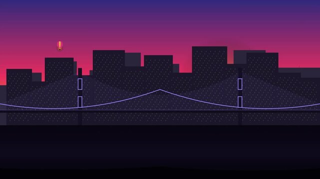 Minimalist flat style 2D animation of city skyline at night with suspension bridge and hot air balloon under gradient twilight sky, loopable motion graphics background.