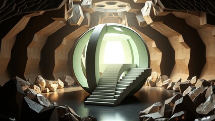 Fototapeta premium Futuristic interior. Circular structure with stairs leading toward bright light. Rocks surround base, creating dramatic scene.