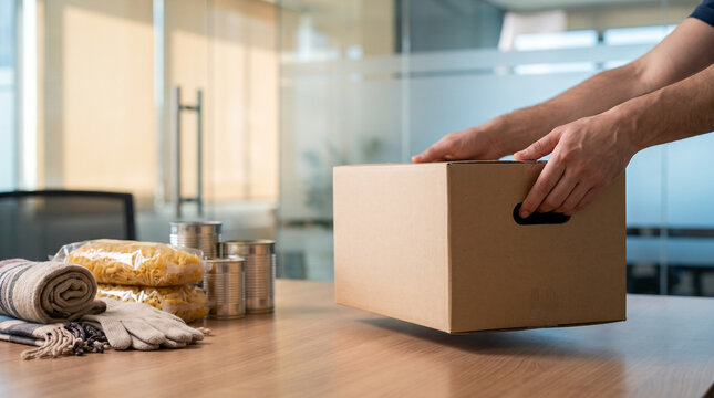 Giving Tuesday, donation box with food and household supplies