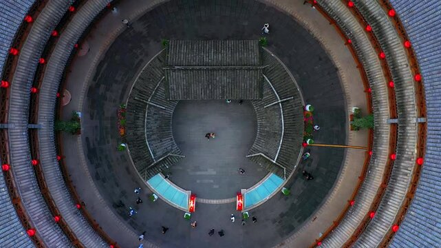 Aerial View of Circular Traditional Tulou Building Courtyard in Fujian, China