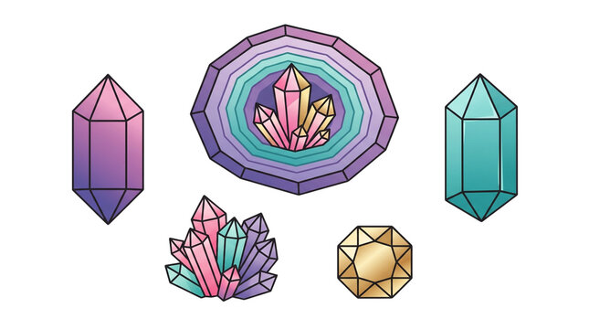 Pastel crystal vector illustrations, mystical gemstone geode cluster set, magical healing mineral quartz rock icons for esoteric graphic design isolated PNG with Transparent Background