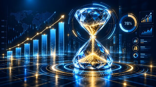 Futuristic digital hourglass with flowing golden sand symbolizing time passing amidst glowing data analytics charts and world map representing business growth and financial strategy.