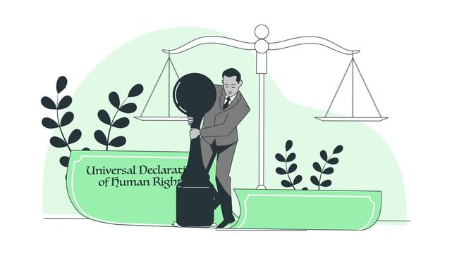 Man holding Universal Declaration of Human Rights statue. Legal and justice concept for advocacy campaigns, human rights education, and social equality presentations