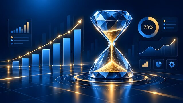 Crystal hourglass with golden sand flowing symbolizing time and financial growth surrounded by glowing digital charts and graphs on a dark blue background.