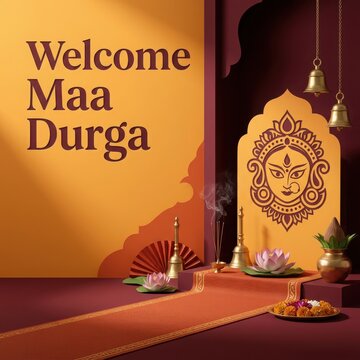Welcome maa durga written on yellow wall with durga maa face silhouette and bells on dark red wall.