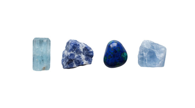 Natural blue gemstone collection, raw aquamarine and polished sodalite crystals, healing mineral stone set for geology and wellness isolated PNG with Transparent Background