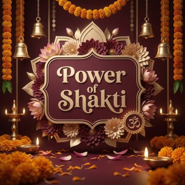 Power of shakti ornate gold and maroon frame decorated with flowers bells and diyas festive hindu celebration design.