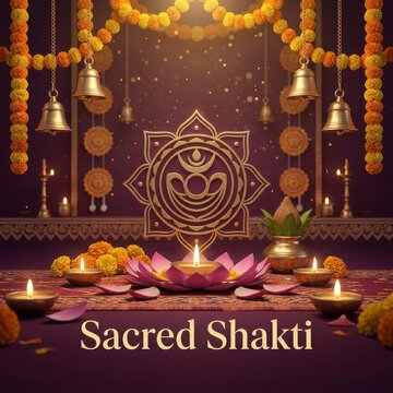 Sacred shakti elegant golden symbol surrounded by candles flowers and marigolds for hindu religious ceremony.
