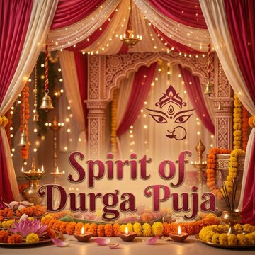 Spirit of durga puja vibrant hindu temple with goddess eyes bells and marigolds for festive celebration.