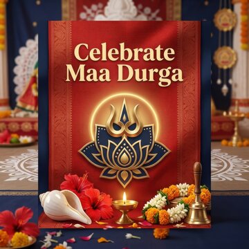 Golden trishul lotus graphic on red sari background with brass lamp and conch shell for shubho mahalaya celebration.