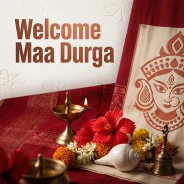 Intricate durga face embroidery on red designer silk saree displayed with brass diya oil lamp and white conch shell.