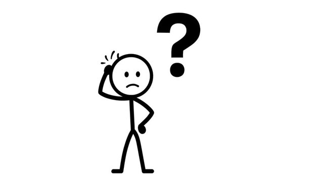 Confused stick figure scratching head with question mark above representing uncertainty doubt and cognitive struggle abstract simple graphic concept animation.