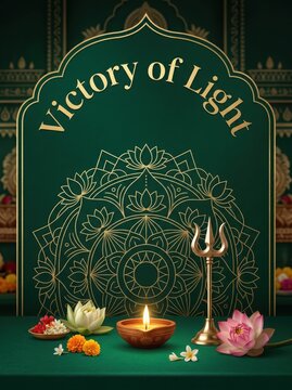 Green arch frame with golden hindu symbol and deepak, lotus flowers, and trident for religious festival celebration.