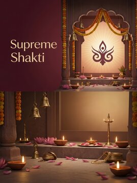 Supreme shakti serene maroon gold split frame with spiritual symbols diyas flowers bells evoking peaceful meditation space.