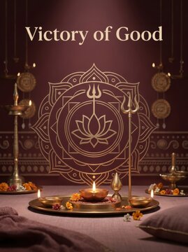Divine shiva trishul and lotus symbols on a golden mandala for traditional indian festival celebration.