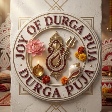 Joy of durga puja embossed emblem with goddess durga, lotus, diya, and conch shell on stone texture.