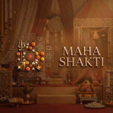 Maha shakti text with symbolic arrangement of lotus, trishul, yantras, and lit diyas for hindu celebration.