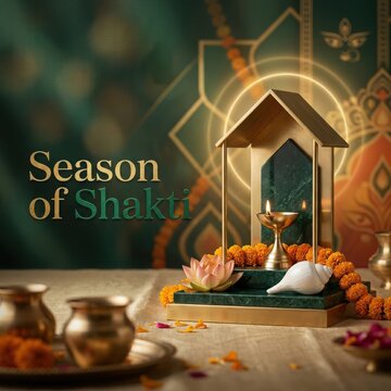 Season of shakti green and gold modern temple shrine featuring lit diya lotus and white shell on emerald marble platform.