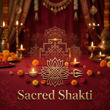 Sacred shakti golden mandala design on red fabric background with burning oil lamps and fresh marigold flowers for puja.