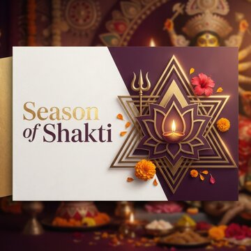Season of shakti graphic greeting card with purple lotus mandala trident and golden geometry for religious invitations.