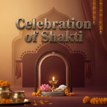 Celebration of shakti bronze 3d lettering with oil lamp lotus flower and white shell in traditional temple architecture.