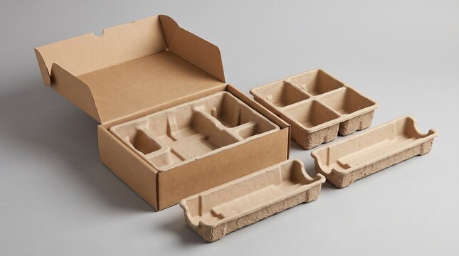 Eco-friendly molded paper pulp packaging inserts and open cardboard box on grey background, product mockup   