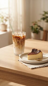 iced cafe latte in tall glass with basque burnt cheesecake on wooden table