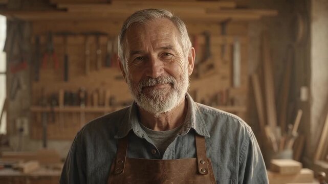 A wise, experienced carpenter with a warm smile and leather apron in his rustic workshop, sunlight illuminating wood details, cinematic footage.