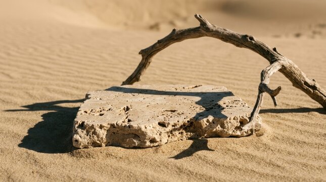 Minimalist Desert Landscape with Dry Branch and Flat Rock