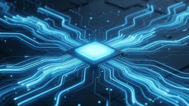 Central processor chip with glowing neon blue circuit lines radiating outwards on a dark technological motherboard background, futuristic digital network animation.