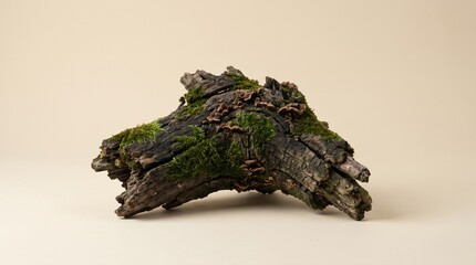 Fototapeta premium Fragment of ancient weathered deadwood covered in soft emerald moss and tiny natural fungi, deeply cracked bark, irregular organic shape, dark woodland atmosphere, isolated against a completely plain 
