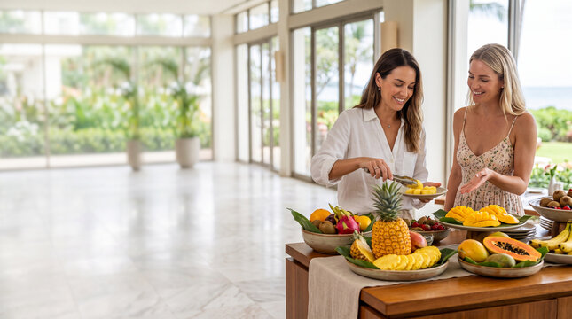 Two Happy Women Enjoying Tropical Fruit Buffet at Luxury Resort