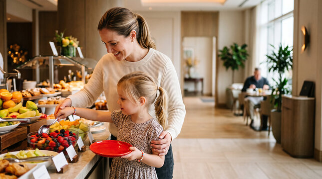 Mother Helping Daughter Select Fruit at Hotel Breakfast Buffet