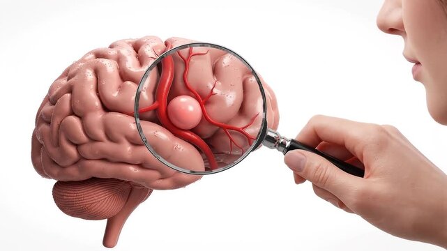 Close up of a human brain model with red blood vessels magnified by a magnifying glass revealing an aneurysm danger warning.