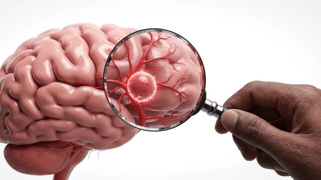 Magnifying glass examines brain's blood vessels for aneurysm discovery medical research and diagnosis detailed view of neural artery clip showing potential problem.