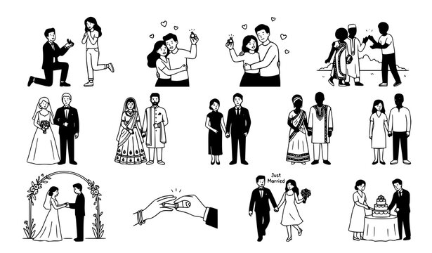 Wedding and engagement couple line art vector icon set featuring marriage proposals traditional ceremonies rings and happy newlyweds character illustrations