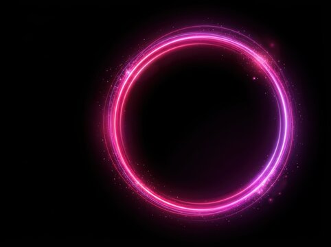 Glowing neon pink and purple ring with light particles on black background