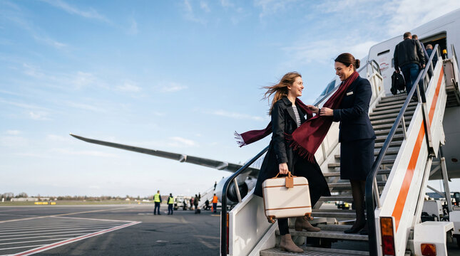 Flight attendant welcoming passenger onto airplane at airport