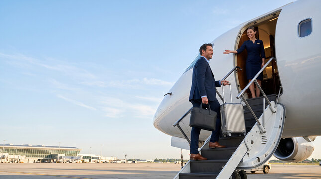 Businessman boarding a private jet with a flight attendant