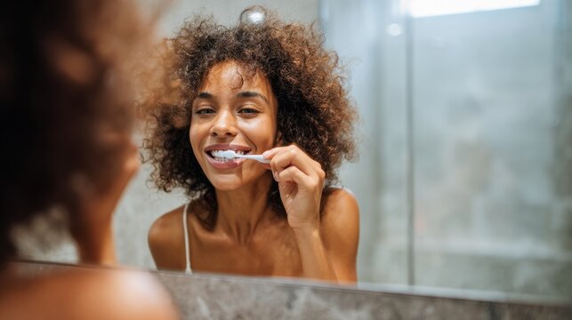 A young woman brushes her teeth in a modern bathroom. She smiles at her reflection while maintaining good dental hygiene. This image captures daily routine and self-care moments. AI