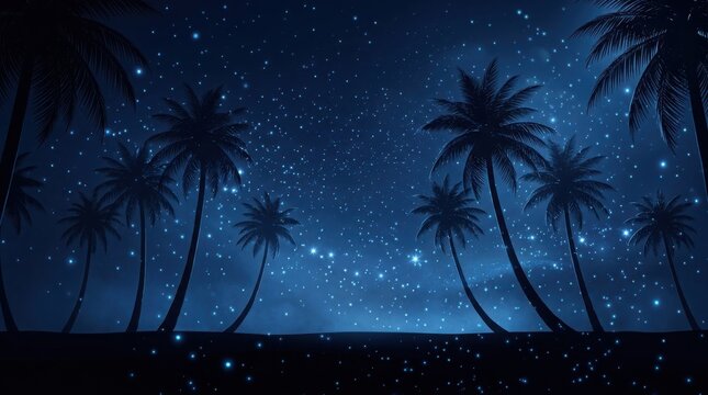 Palm trees silhouetted against a starry night sky with glowing celestial light