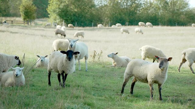 Ewes and lambs on green pasture with black faced and white sheep in foreground. Wool livestock resting and grazing across rural farm. Domestic sheep herd with ear tags on open grassland near woodland
