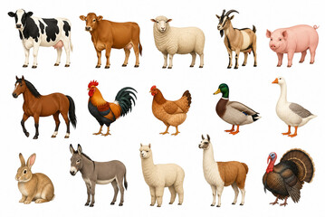 Obraz premium A diverse group of farm animals including cow, pig, chicken, horse, goat, duck, rabbit, donkey, llama, and turkey, arranged in a row on a white background.