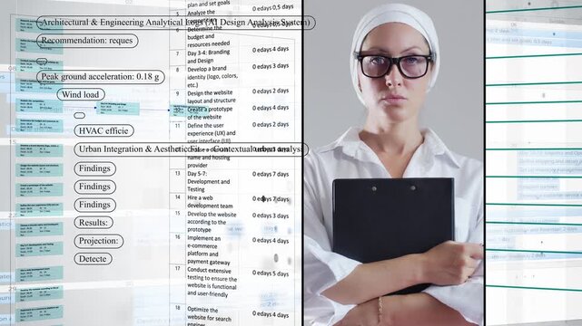 A woman with a tablet against a background of AI-analyzed, medically themed scrolling text