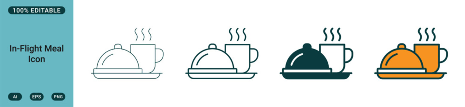 Inflight meal icon set featuring a serving tray with a covered dish and a hot beverage cup, representing airline catering and food service design elements for travel and hospitality industries web ico