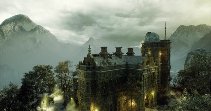 stormbound citadel under heavy clouds, towering battlements and windblown turrets, lightning hints on distant ridges, harsh weathered stone and tense atmosphere