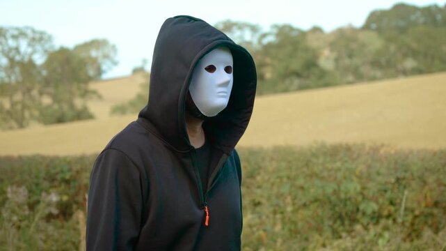 Masked criminal walking through rural countryside in black hoodie and white face mask. Anonymous killer and murderer concept on country path. Crime, victim, rapist, maniac and mentally ill offender