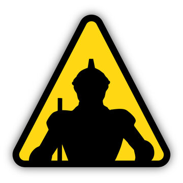 Yellow triangle warning sign with shape of a medieval knight in metal armor. Transparent background.